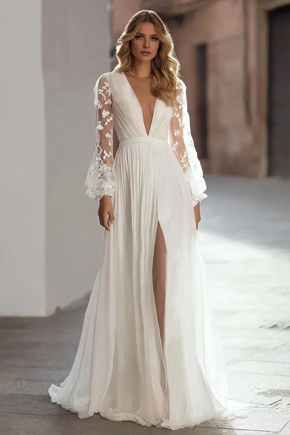 Refined Beautiful Timeless Elegant Ivory Lace V-Neck Long Sleeve Long Wedding Dress