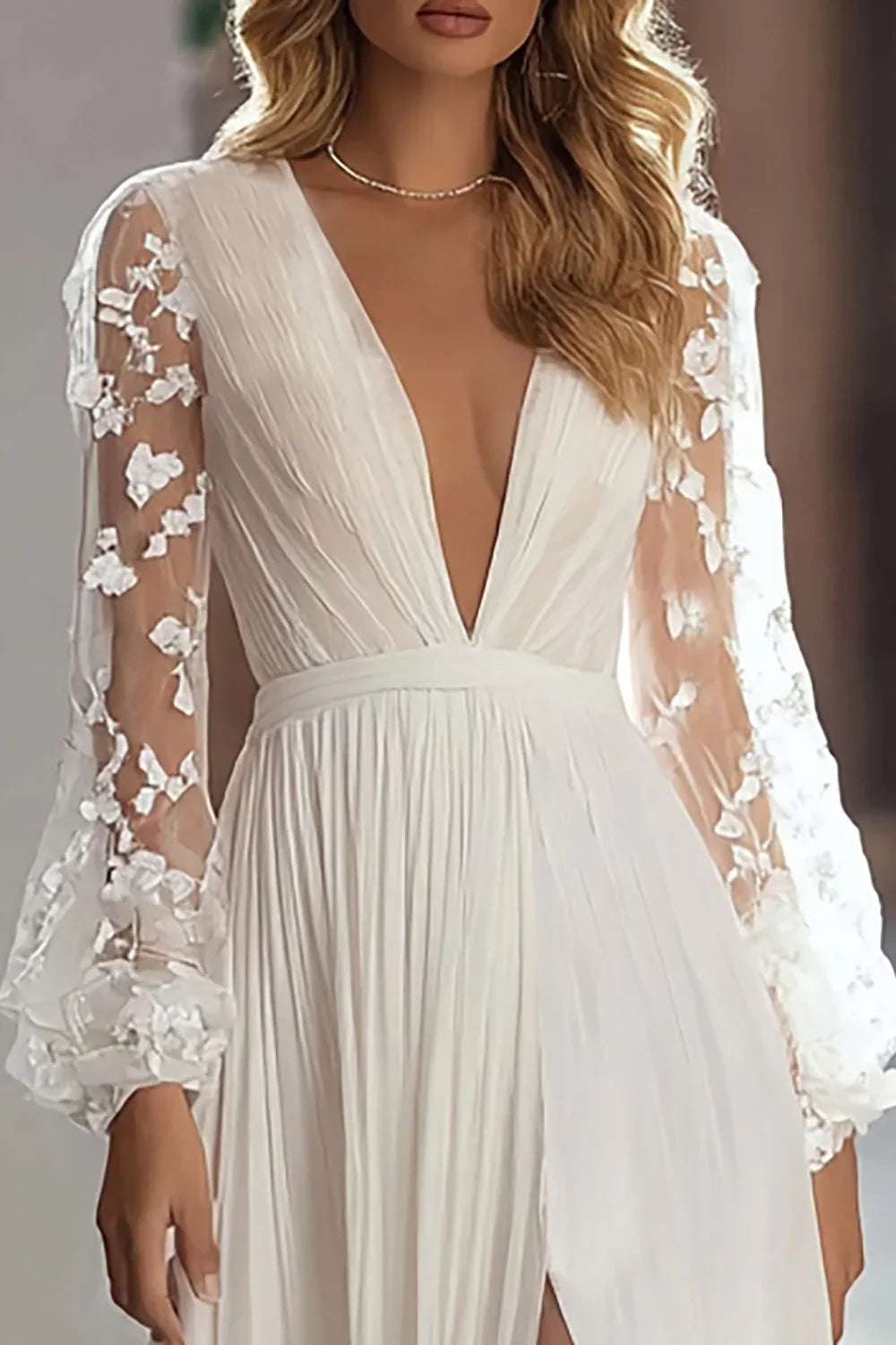 Refined Beautiful Timeless Elegant Ivory Lace V-Neck Long Sleeve Long Wedding Dress