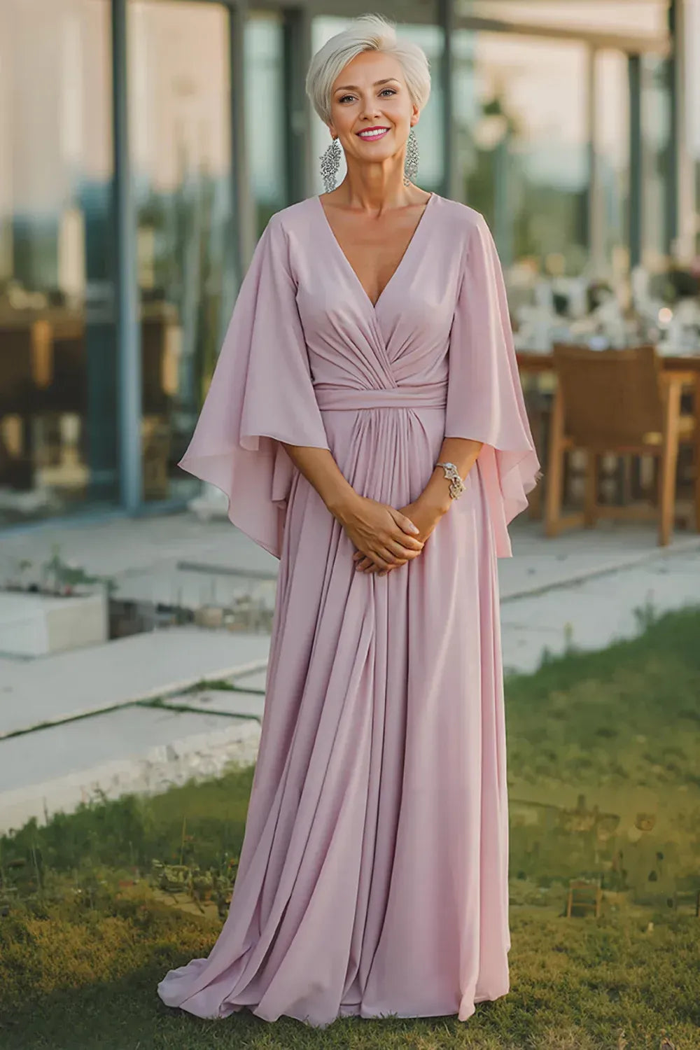 Special Occasion Sophisticated Elegant Chiffon Long Sleeve Floor-Length Mother of the Bride Dress