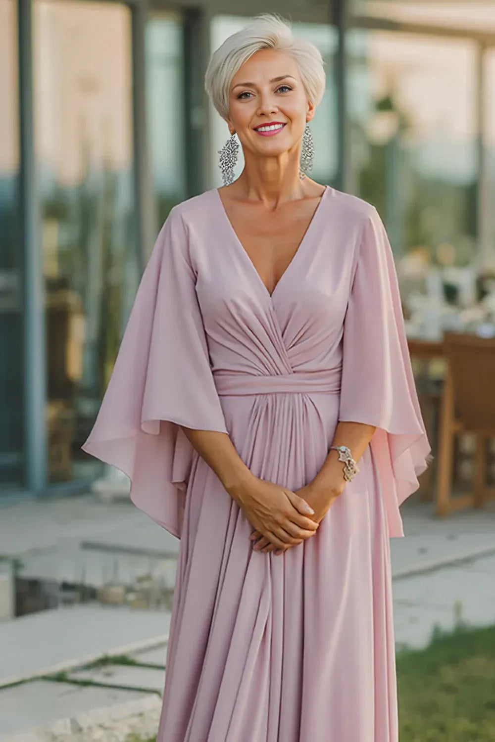 Special Occasion Sophisticated Elegant Chiffon Long Sleeve Floor-Length Mother of the Bride Dress
