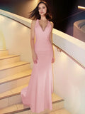 Blush Sheath/Column V-Neck Sleeveless Back Zip Sweep/Brush Train Prom Dresses