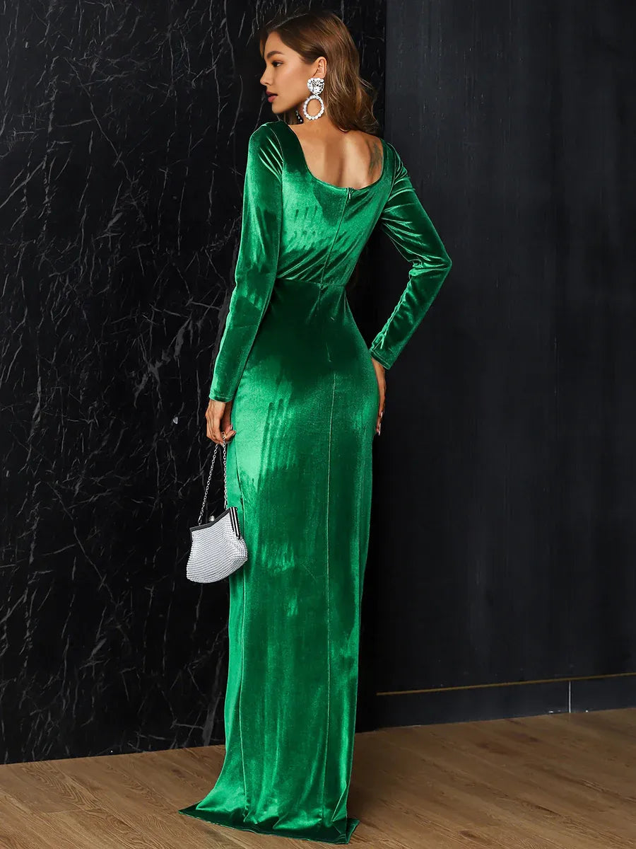 Stylish Refined Elegant Emerald Green Velvet Bodycon Long Sleeve Floor-Length Prom Dress