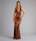 Brown Mermaid Halter V-Neck Sleeveless Back Zip pleated Floor-Length Prom Dresses