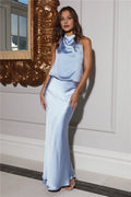 Blue Casual Mermaid High Cowl Neck Open Back Maxi Prom Dress