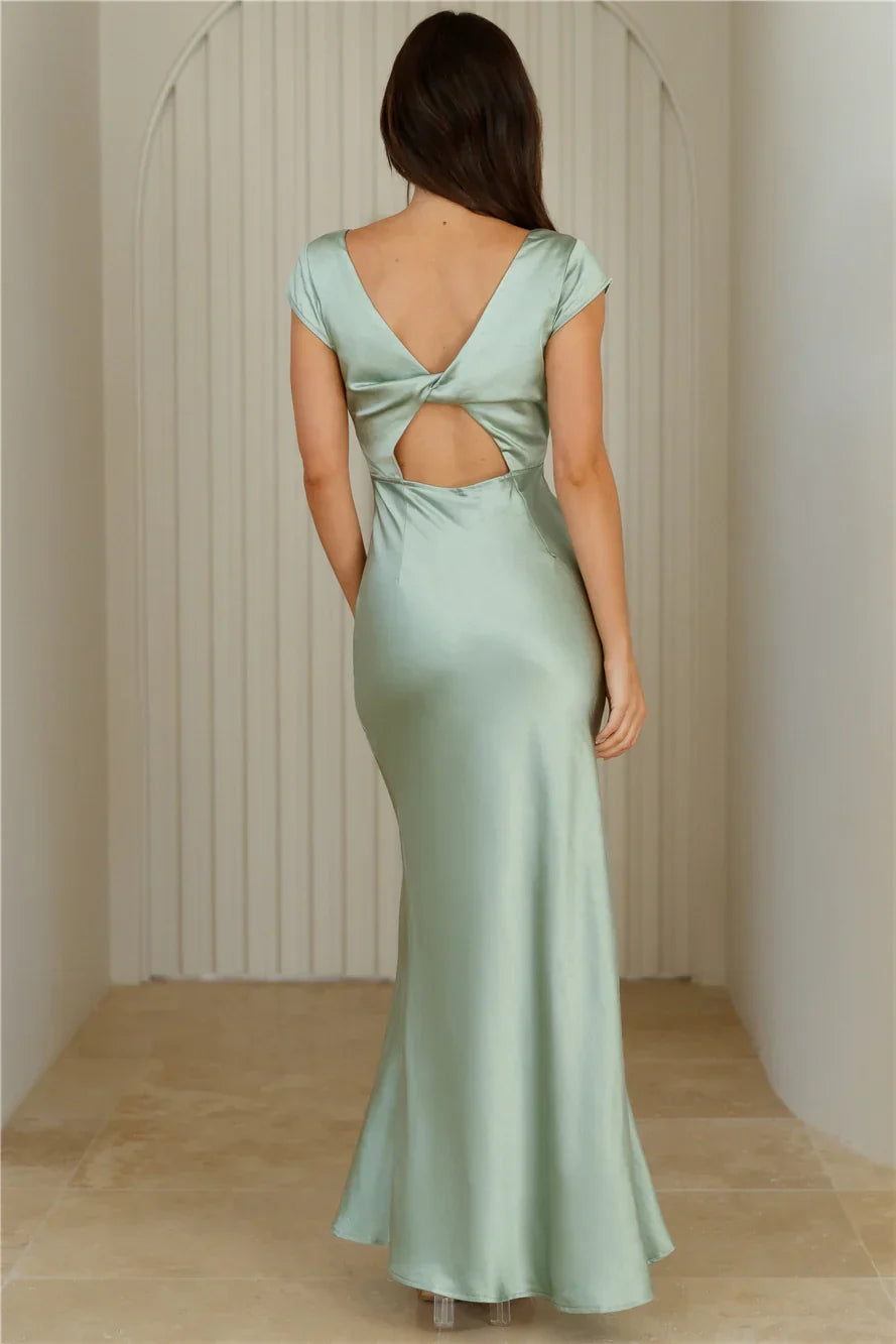 Casual Mermaid V Neck Cap Sleeves Twist Back Sage Maxi Prom Dress