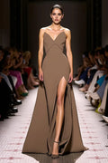 Coffee Sheath Strapless Long Evening Dress with Slit