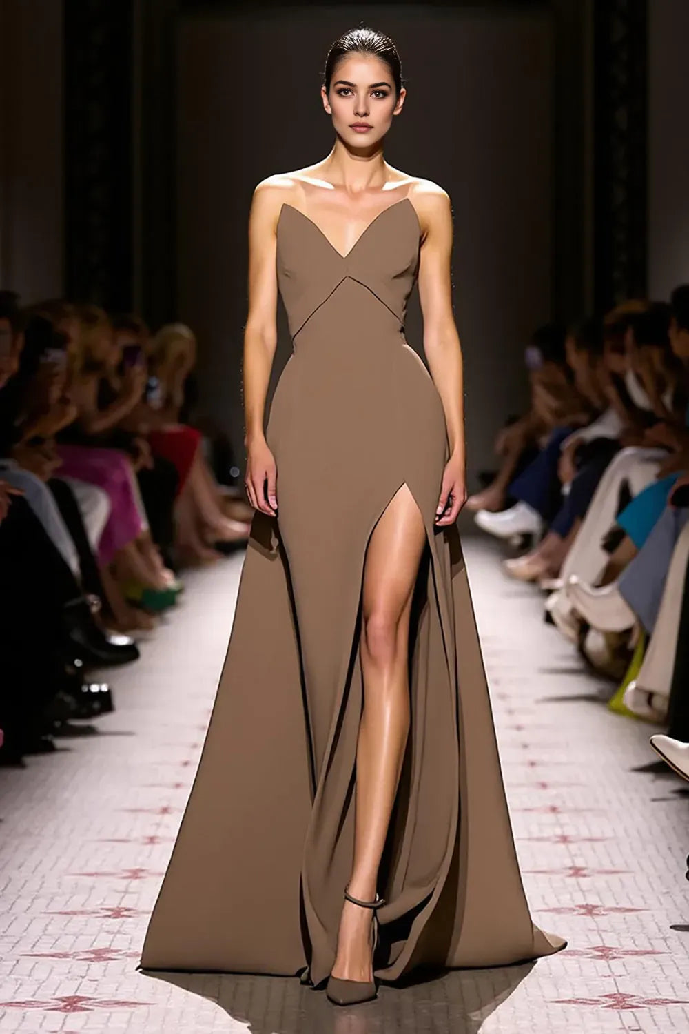 Coffee Sheath Strapless Long Evening Dress with Slit