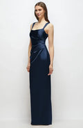 Refined Beautiful Timeless Chic Elegant Navy Blue Satin Sleeveless Floor-Length Prom Dress