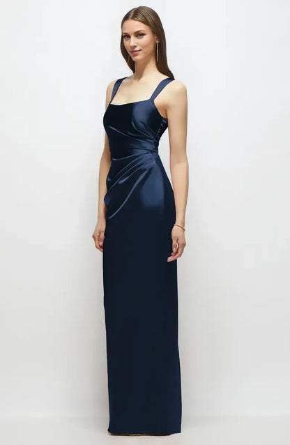 Refined Beautiful Timeless Chic Elegant Navy Blue Satin Sleeveless Floor-Length Prom Dress
