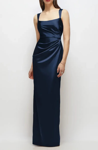 Refined Beautiful Timeless Chic Elegant Navy Blue Satin Sleeveless Floor-Length Prom Dress