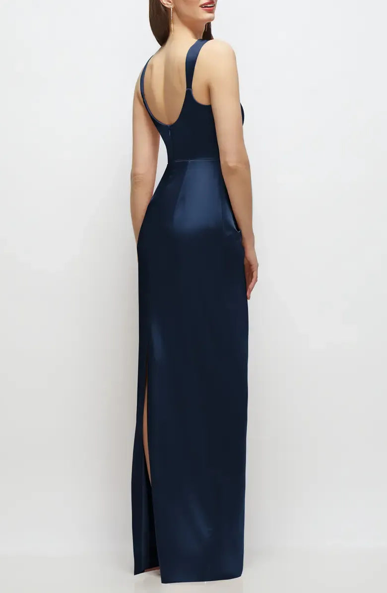 Refined Beautiful Timeless Chic Elegant Navy Blue Satin Sleeveless Floor-Length Prom Dress