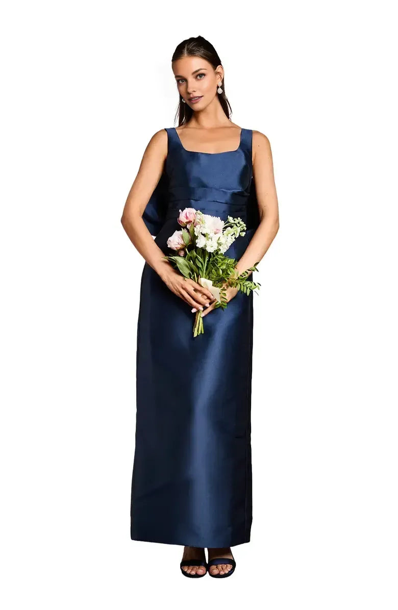 Graceful Stylish Elegant Navy Blue Satin Square Neck Sleeveless Floor-Length Prom Dress