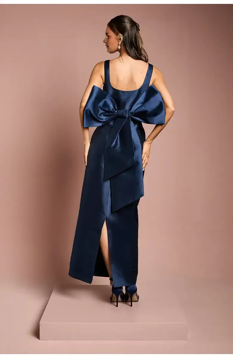 Graceful Stylish Elegant Navy Blue Satin Square Neck Sleeveless Floor-Length Prom Dress