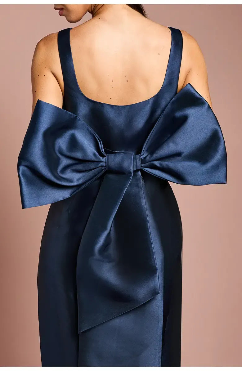 Graceful Stylish Elegant Navy Blue Satin Square Neck Sleeveless Floor-Length Prom Dress