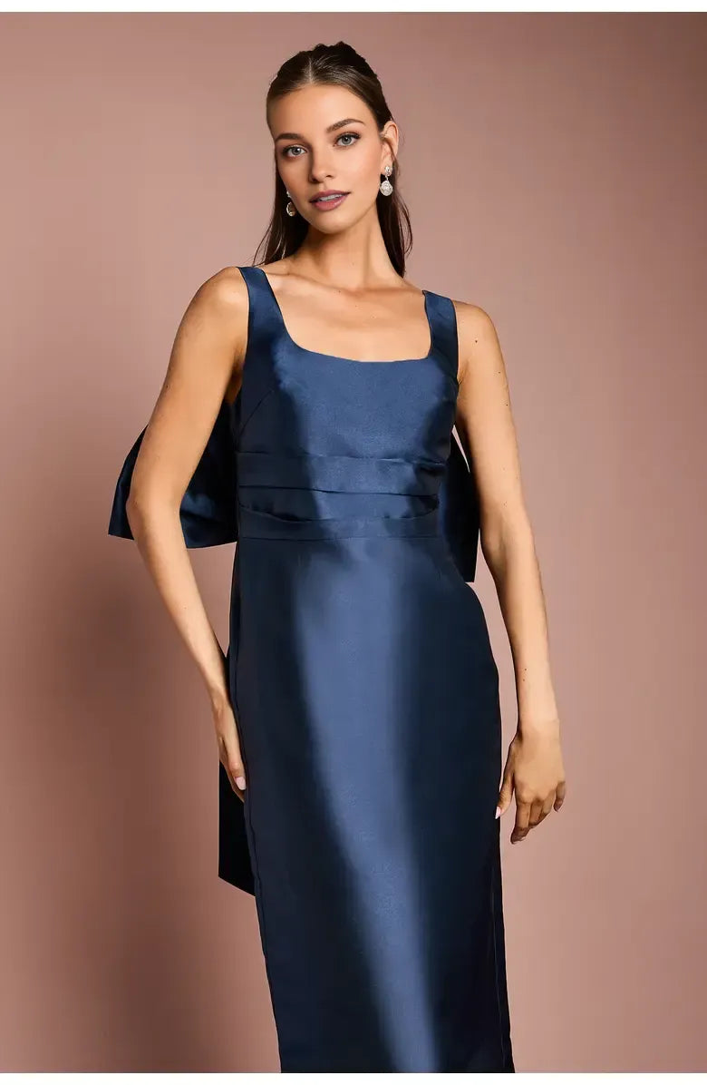 Graceful Stylish Elegant Navy Blue Satin Square Neck Sleeveless Floor-Length Prom Dress