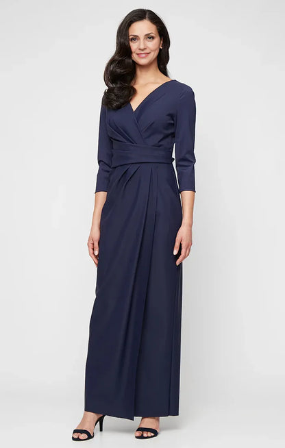 Beautiful Elegant Navy Blue Long Sleeve Floor-Length Mother of the Bride Dress