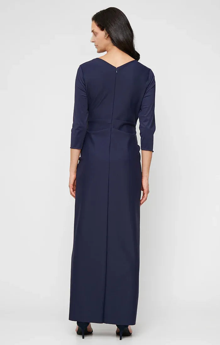 Beautiful Elegant Navy Blue Long Sleeve Floor-Length Mother of the Bride Dress