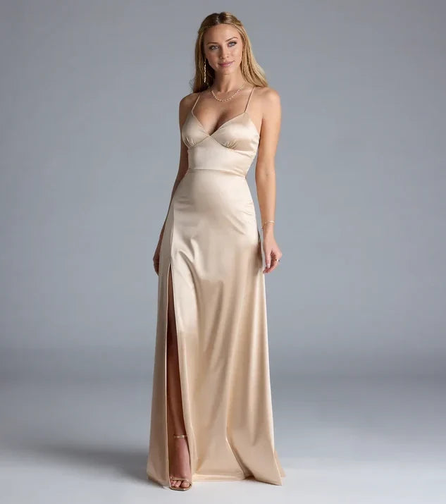 Elegant A Line V Neck Spaghetti Straps Lace Up Back Long Evening Dress