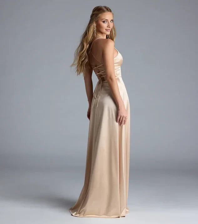 Elegant A Line V Neck Spaghetti Straps Lace Up Back Long Evening Dress