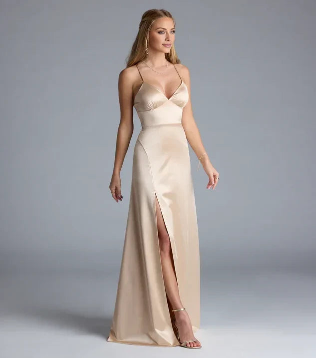 Elegant A Line V Neck Spaghetti Straps Lace Up Back Long Evening Dress