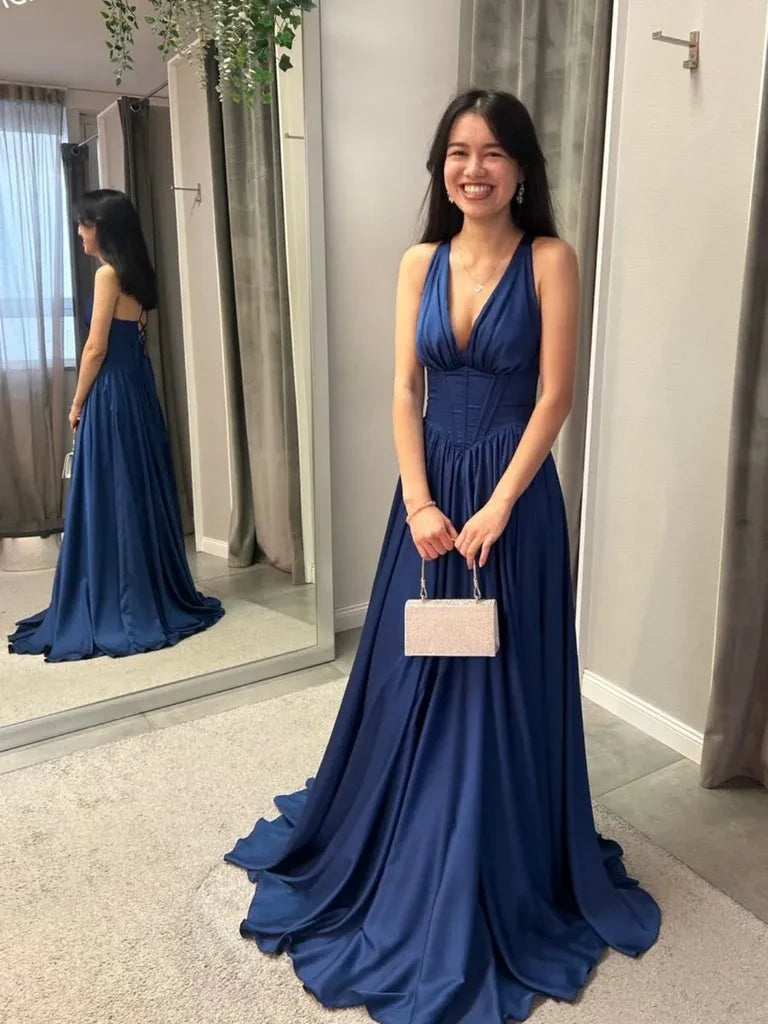 Navy Blue V-Neck Corset Long Prom Dress