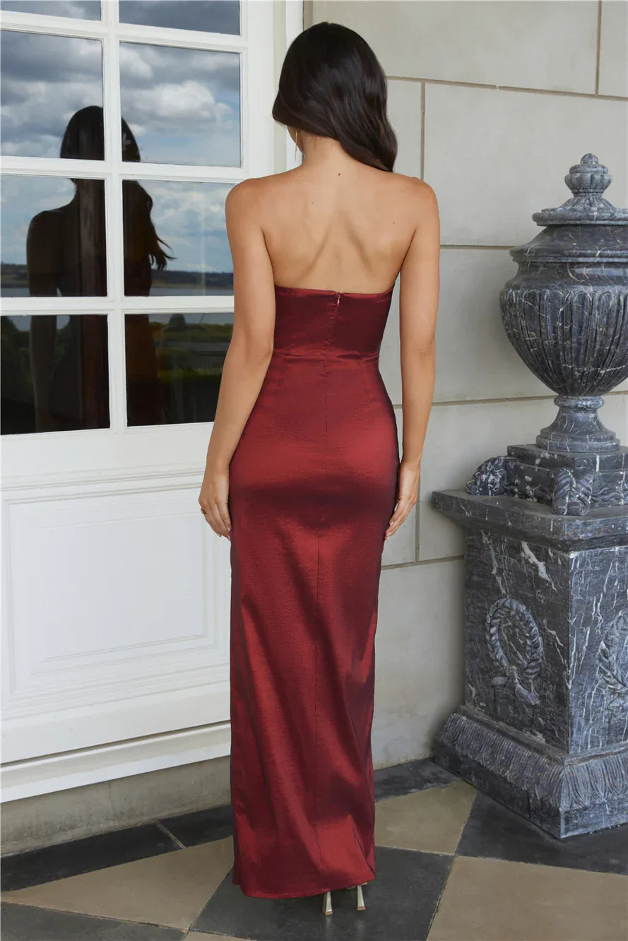 Wine Mermaid Strapless Twist Maxi Prom Dress With Side Slit