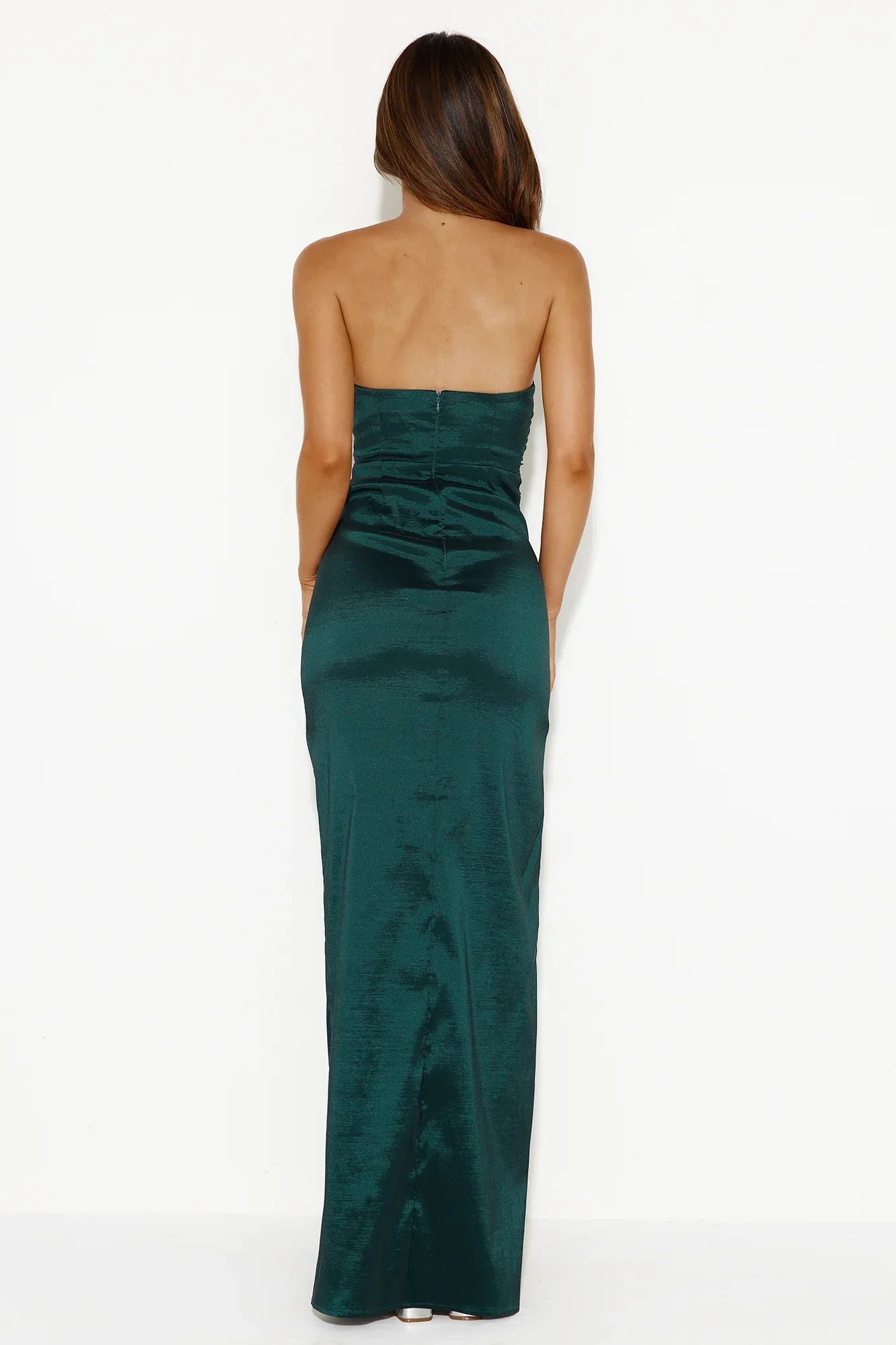 Green Strapless Pleated Forest Maxi Prom Dress With Side Slit