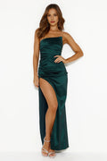 Green Strapless Pleated Forest Maxi Prom Dress With Side Slit