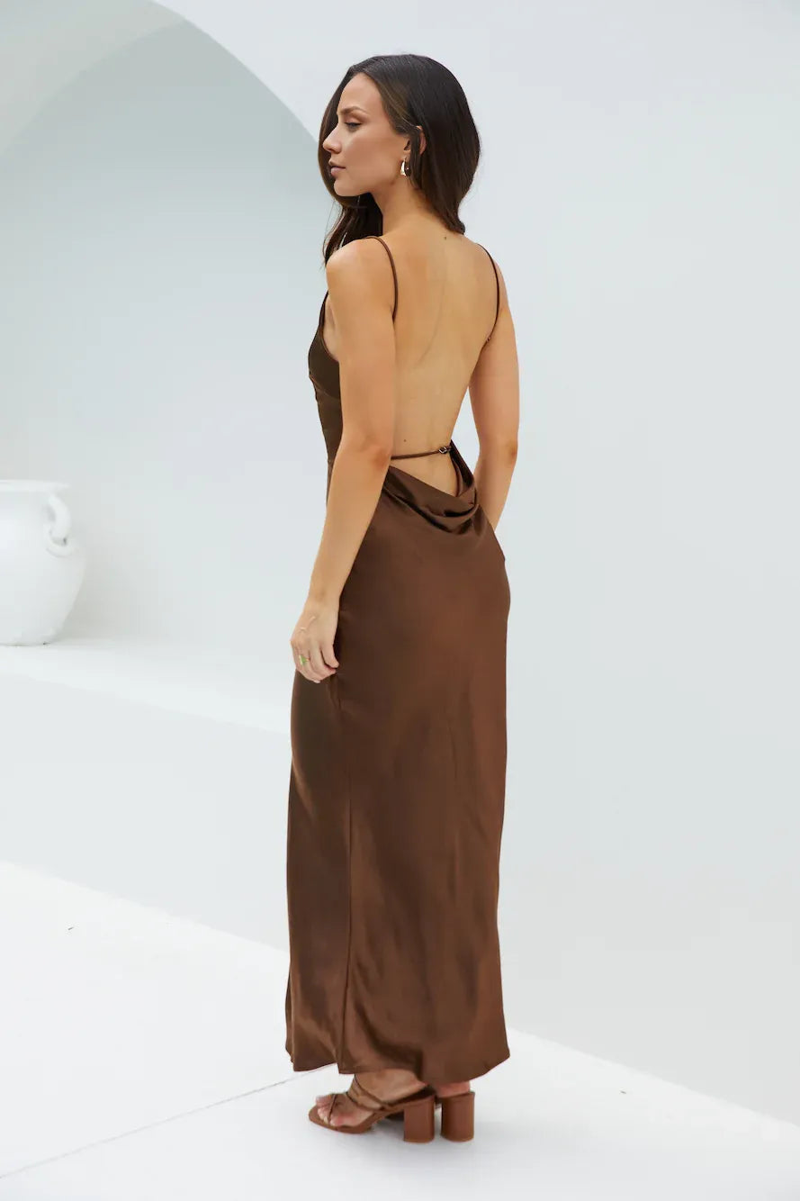 Special Occasion Sophisticated Graceful Stylish Refined Elegant Chocolate Brown Satin Sleeveless Cocktail Dress