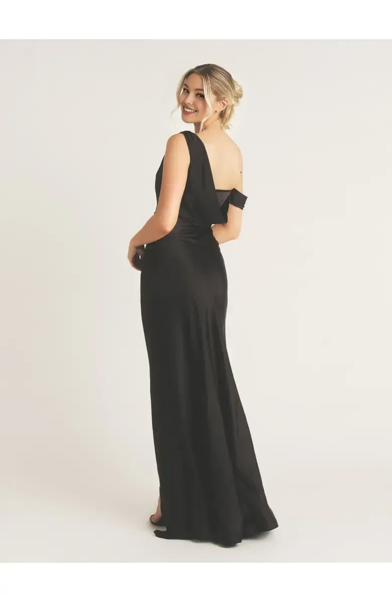 Special Occasion Sophisticated Graceful Stylish Elegant Black Satin Asymmetric Sleeveless Floor-Length Prom Dress