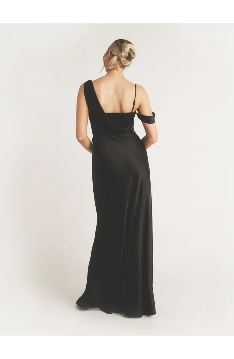Special Occasion Sophisticated Graceful Stylish Elegant Black Satin Asymmetric Sleeveless Floor-Length Prom Dress