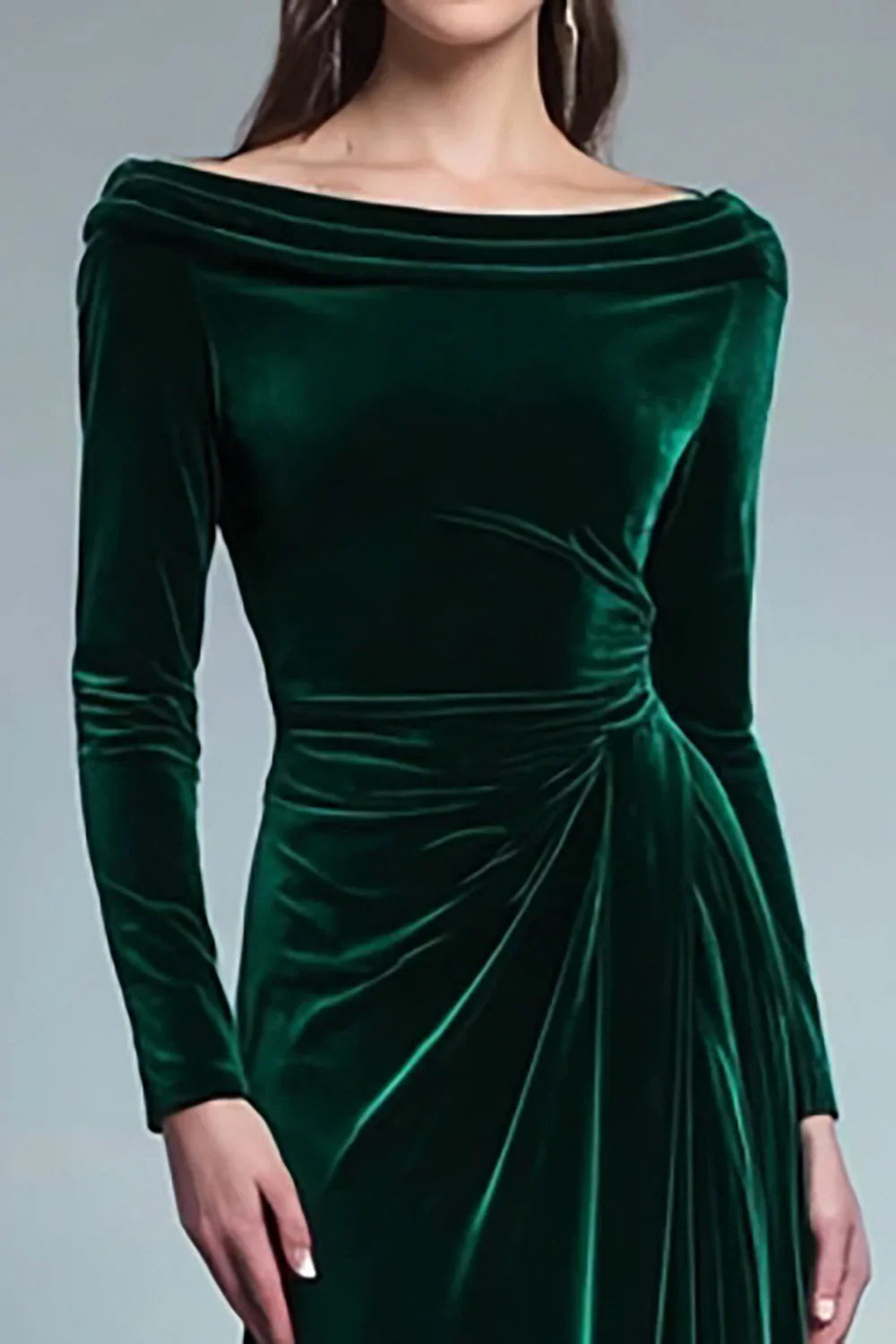 Refined Beautiful Timeless Elegant Emerald Green Velvet Long Sleeve Long Evening Dress