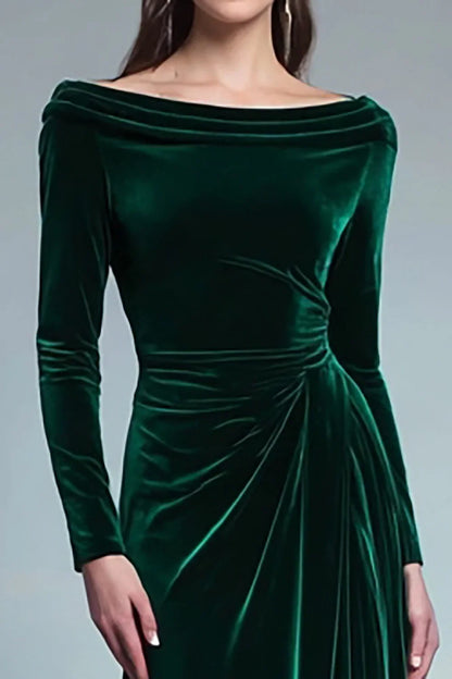 Refined Beautiful Timeless Elegant Emerald Green Velvet Long Sleeve Long Evening Dress