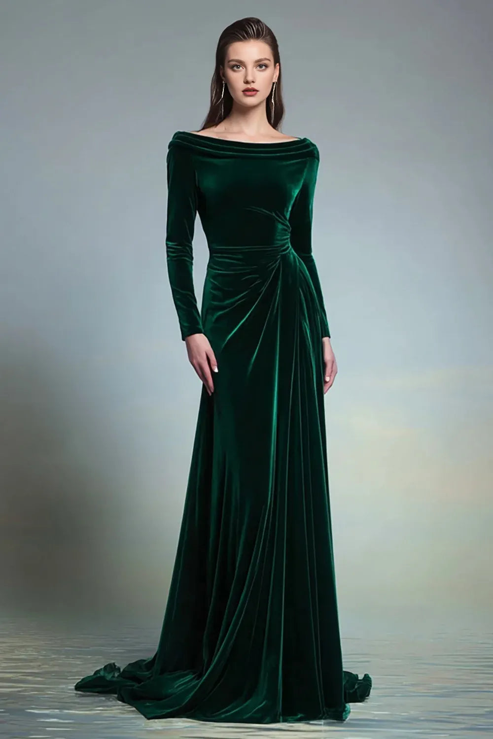 Refined Beautiful Timeless Elegant Emerald Green Velvet Long Sleeve Long Evening Dress