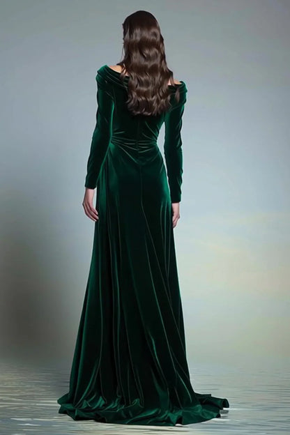 Refined Beautiful Timeless Elegant Emerald Green Velvet Long Sleeve Long Evening Dress
