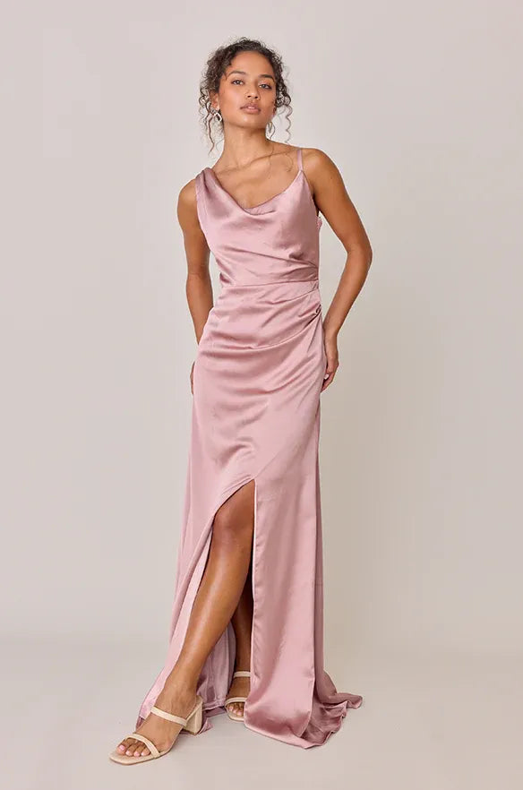 Timeless Special Occasion Elegant Blush Pink Satin Cowl Sleeveless Floor-Length Prom Dress