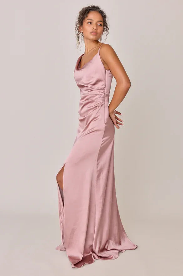 Timeless Special Occasion Elegant Blush Pink Satin Cowl Sleeveless Floor-Length Prom Dress
