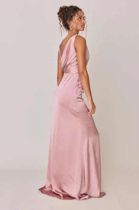 Timeless Special Occasion Elegant Blush Pink Satin Cowl Sleeveless Floor-Length Prom Dress