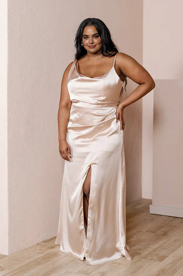 Special Occasion Sophisticated Graceful Stylish Elegant Champagne Satin Cowl Sleeveless Floor-Length Prom Dress