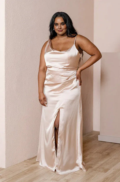 Special Occasion Sophisticated Graceful Stylish Elegant Champagne Satin Cowl Sleeveless Floor-Length Prom Dress