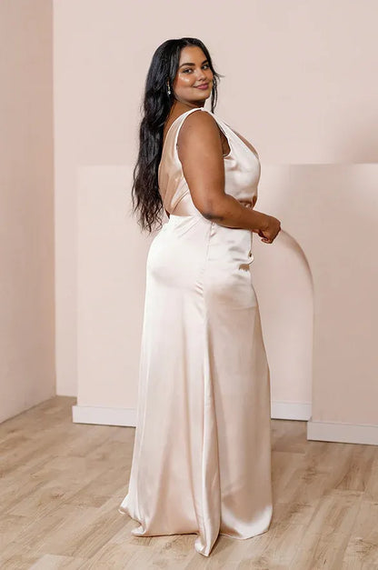 Special Occasion Sophisticated Graceful Stylish Elegant Champagne Satin Cowl Sleeveless Floor-Length Prom Dress