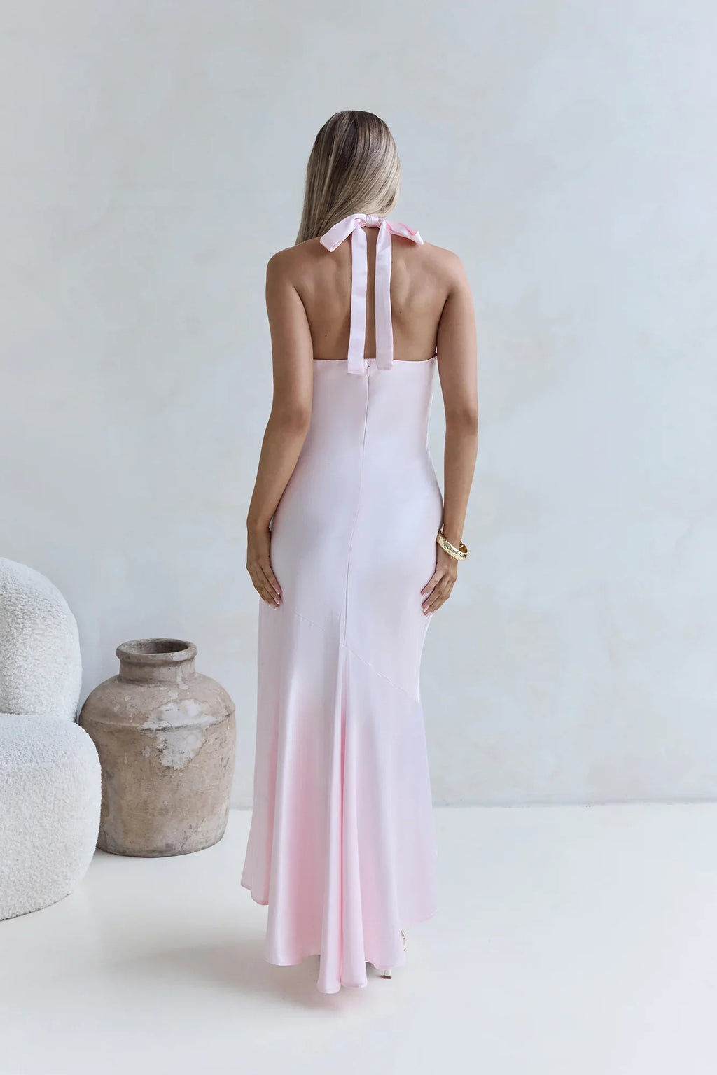 Refined Beautiful Timeless Chic Elegant Pink Satin Halter Sleeveless Floor-Length Cocktail Dress