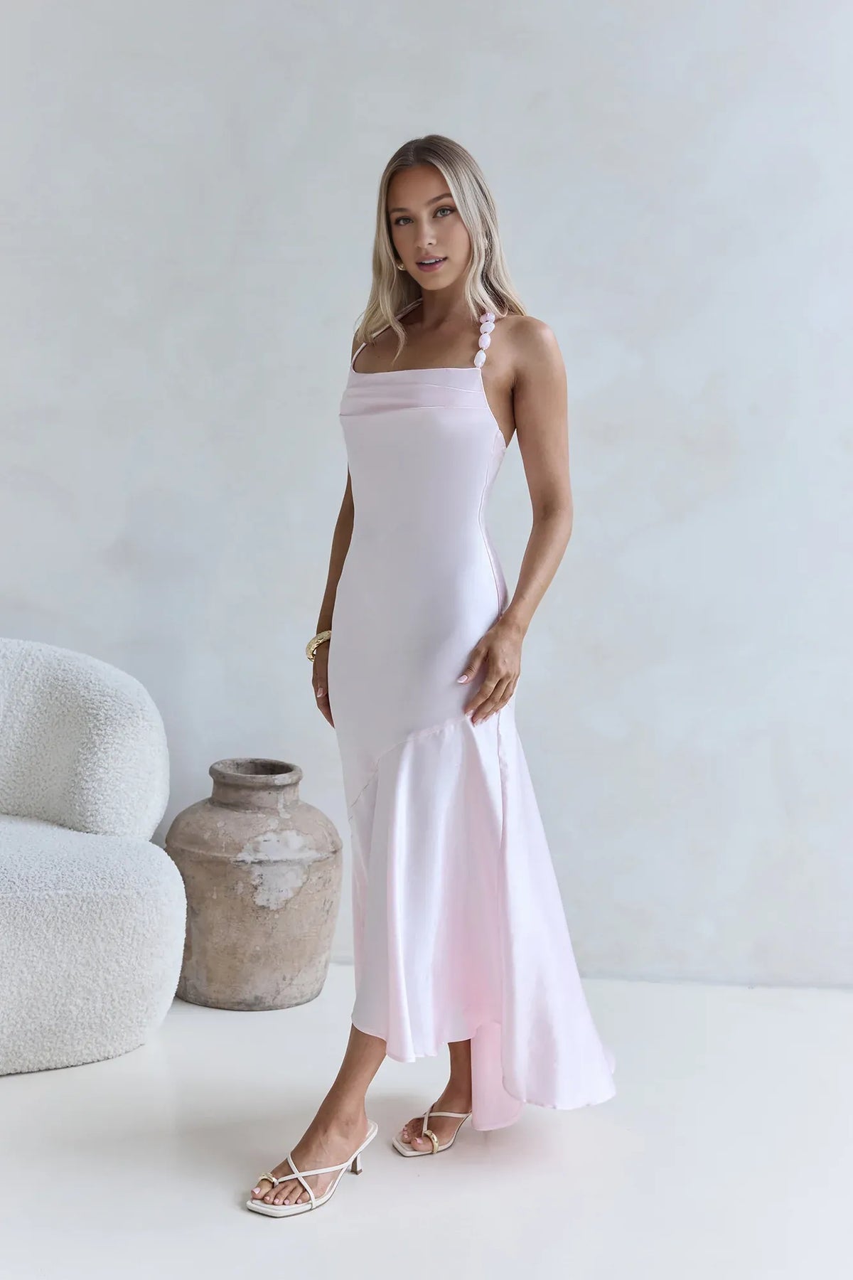 Refined Beautiful Timeless Chic Elegant Pink Satin Halter Sleeveless Floor-Length Cocktail Dress