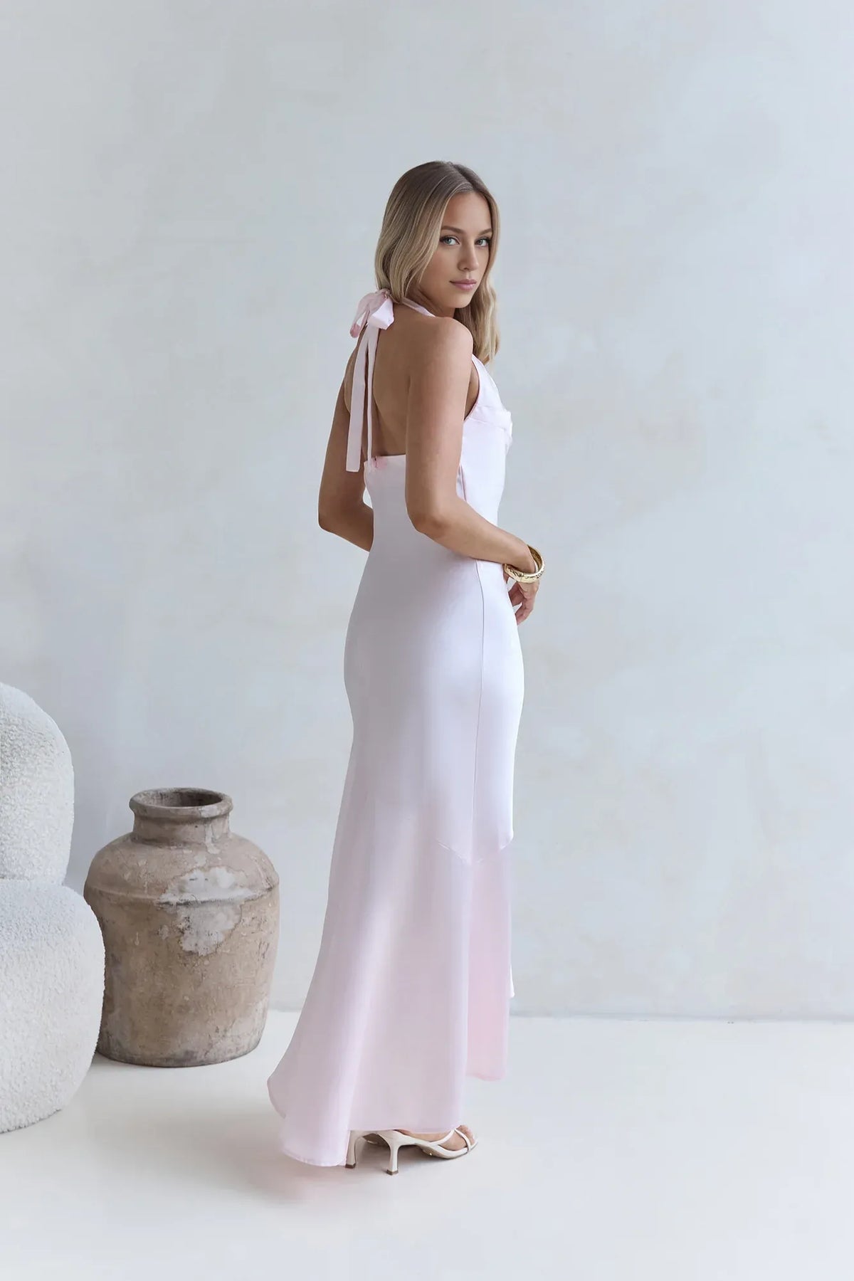 Refined Beautiful Timeless Chic Elegant Pink Satin Halter Sleeveless Floor-Length Cocktail Dress