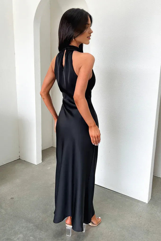 Timeless Special Occasion Elegant Black Satin High Neck Sleeveless Floor-Length Prom Dress