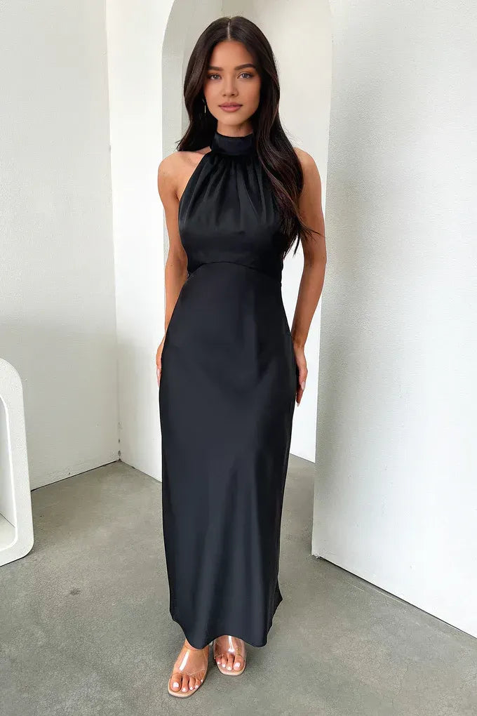 Timeless Special Occasion Elegant Black Satin High Neck Sleeveless Floor-Length Prom Dress