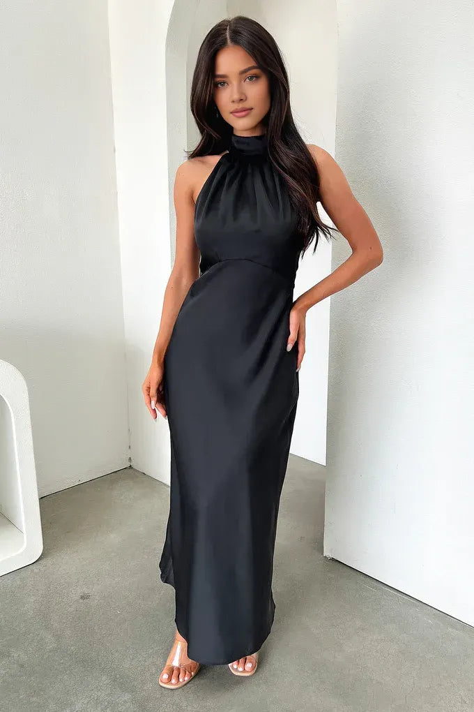 Timeless Special Occasion Elegant Black Satin High Neck Sleeveless Floor-Length Prom Dress