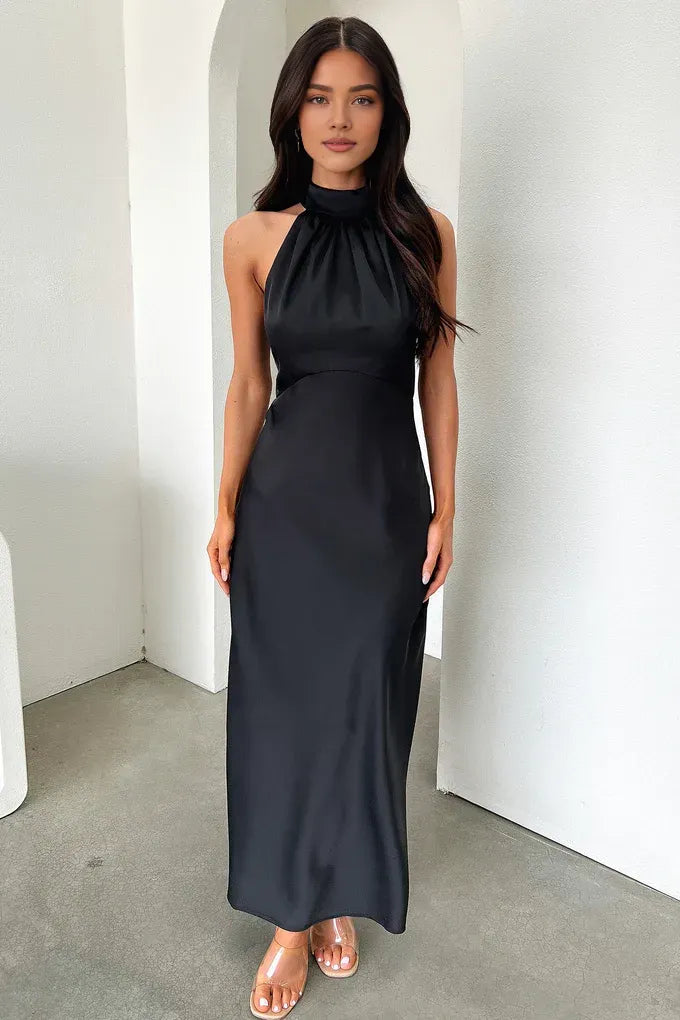 Timeless Special Occasion Elegant Black Satin High Neck Sleeveless Floor-Length Prom Dress