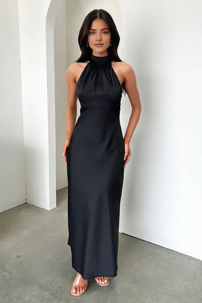 Timeless Special Occasion Elegant Black Satin High Neck Sleeveless Floor-Length Prom Dress