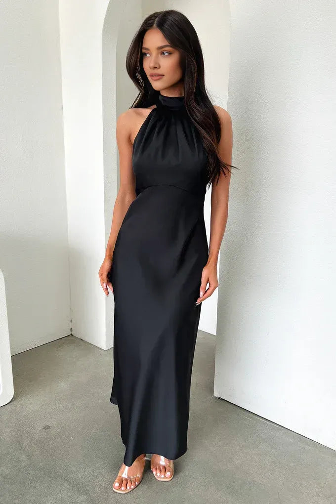 Timeless Special Occasion Elegant Black Satin High Neck Sleeveless Floor-Length Prom Dress
